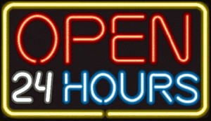 Neon sign says open 24 hours
